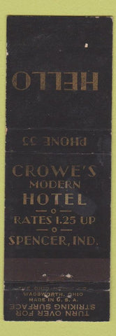 Matchbook Cover - Crowe's Hotel Spencer IN low phone WEAR