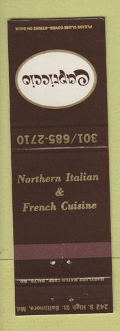 Matchbook Cover - Capriccio Italian Food Baltimore MD