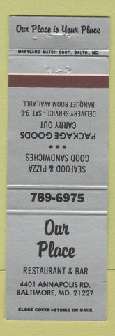 Matchbook Cover - Our Place Restaurant Baltimore MD pizza