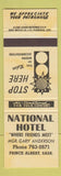 Matchbook Cover - National Hotel Prince Albert SK yellow