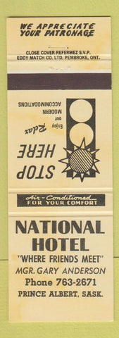 Matchbook Cover - National Hotel Prince Albert SK yellow