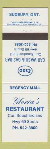 Matchbook Cover - Gloria's Restaurant Sudbury ON Esso oil gas
