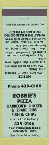 Matchbook Cover - Robbie's Pizza London ON