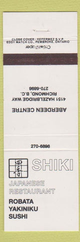 Matchbook Cover - Shiki Japanese Restaurant Richmond BC