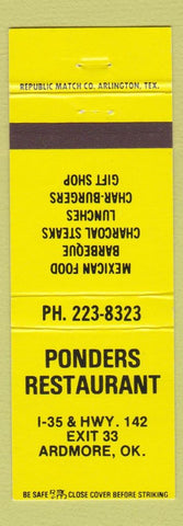 Matchbook Cover - Ponders Restaurant Ardmore OK