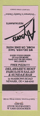 Matchbook Cover - Alyson's Restaurants Pizza Newark DE
