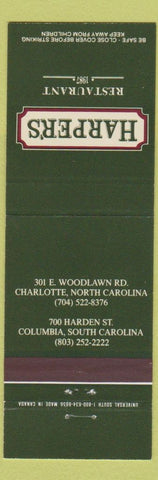 Matchbook Cover - Harper's Restaurant Columbia SC Charlotte NC