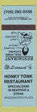 Matchbook Cover - Honky Tonk Restaurant Bridgenorth ON light blue