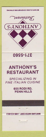 Matchbook Cover - Anthony's Italian Restaurant Penn Hills