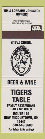 Matchbook Cover - Tigers Table Restaurant New Middletown OH white