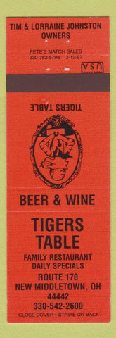 Matchbook Cover - Tigers Table Restaurant New Middletown OH orange