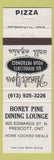 Matchbook Cover - Honey Pine Restaurant Prescott ON pizza