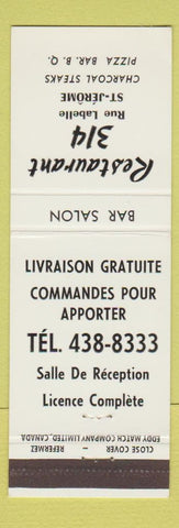 Matchbook Cover - Restaurant 314 St Jerome QC