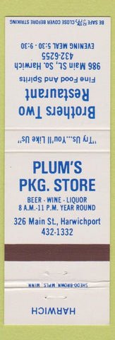 Matchbook Cover - Plum's Package Liquor Brothers  South Harwich Harwichport