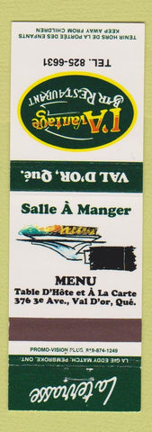Matchbook Cover - L Avantage Bar Restaurant Val D'or QC