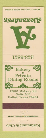 Matchbook Cover - Alexandra's Restaurant Dallas TX