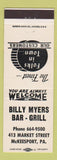 Matchbook Cover - Billy Myers Bar Grill McKeesport PA