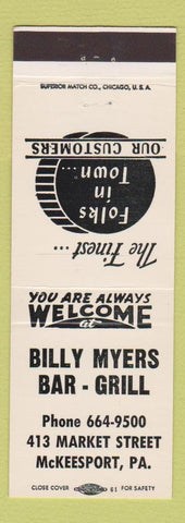 Matchbook Cover - Billy Myers Bar Grill McKeesport PA