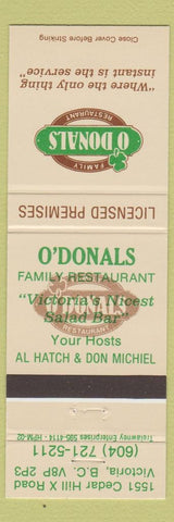Matchbook Cover - O'Donals Family Restaurant Victoria BC