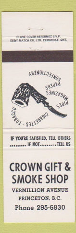 Matchbook Cover - Crown Gift Smoke Shop tobacco Princeton BC
