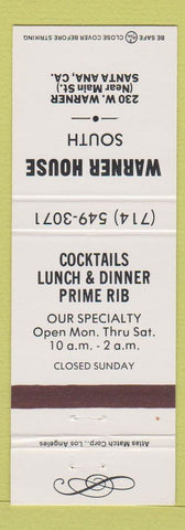 Matchbook Cover - Warner House Santa Ana CA