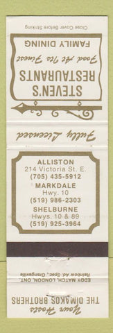 Matchbook Cover - Steven's Restaurants Alliston Markdale Shelburne ON