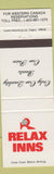 Matchbook Cover - Relax Inns  Calgary Edmonton Regina Saskatoon Toronto