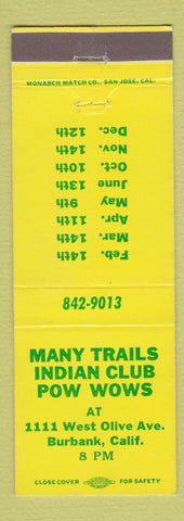 Matchbook Cover - Many Trails Indian Club Pow Wows Burbank CA