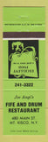 Matchbook Cover - Joe Angi's Fife and Drum Mount Kisco NY lime green