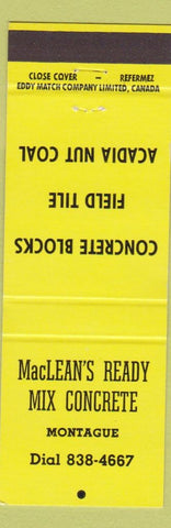Matchbook Cover - MacLean's Ready Mix Concrete Montague PE yellow