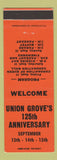 Matchbook Cover - Union Grove's 125th Anniversary WI Orange #1