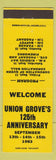 Matchbook Cover - Union Grove's 125th Anniversary WI Yellow