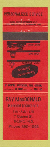 Matchbook Cover - Ray MacDonald Insurance Truro NS red