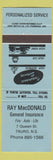 Matchbook Cover - Ray MacDonald Insurance Truro NS blue