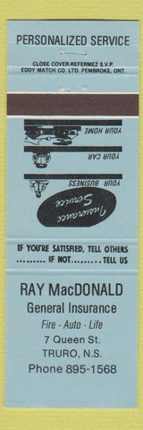 Matchbook Cover - Ray MacDonald Insurance Truro NS blue