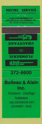 Matchbook Cover - Boileau Alain Inc Granby QC Plumbing green