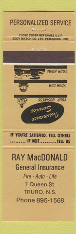 Matchbook Cover - Ray MacDonald Insurance Truro NS green