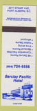 Matchbook Cover - Barclay Pacific Hotel Port Alberni BC