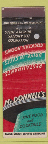 Matchbook Cover - McDonnell's Restaurant Hollywood Los Angeles Beverly Hills CA