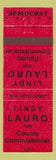 Matchbook Cover - Lindy Lauro County Commissioner