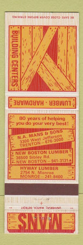 Matchbook Cover - Mans Building Center Monroe New Boston Trenton MI