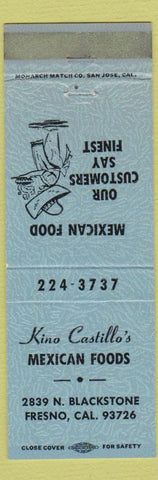 Matchbook Cover - Kino Castillo's Mexican Food Fresno CA blue WEAR