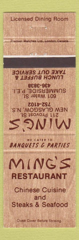 Matchbook Cover - Ming's Restaurant Summerside PE New Glasgow NS