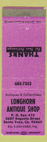 Matchbook Cover - Longhorn Antique Shop Santa Ynez CA purple WEAR