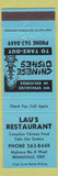 Matchbook Cover - Lau's Chinese Restaurant Beamsville ON