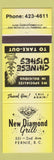 Matchbook Cover - New Diamond Grill Fernie BC Chinese