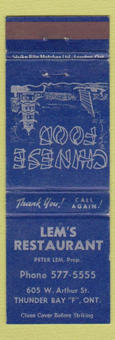 Matchbook Cover - Lem's Restaurant Chinese Thunder Bay ON