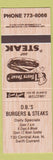 Matchbook Cover - DB's Burgers Swift Current SK