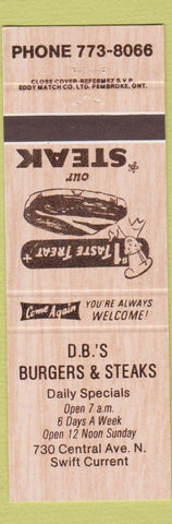 Matchbook Cover - DB's Burgers Swift Current SK