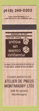 Matchbook Cover - Atelier De Pneus Montmagny QC